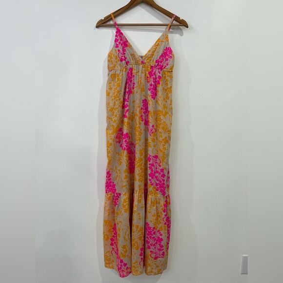 Old Navy Maxi Dress Small Petite Floral Pink Orange Metallic Gold Silver - Picture 2 of 10